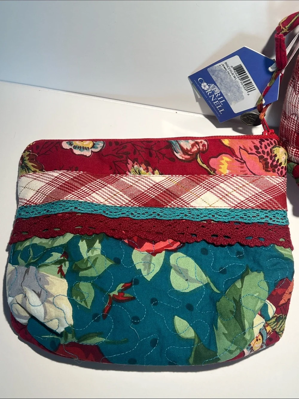 April Cornell Red Floral Quilted Cosmetic Crossbody with Teal Accents